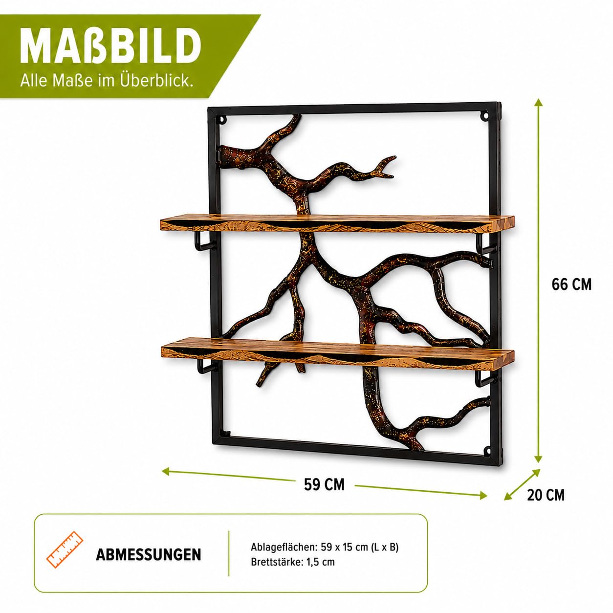 Kobolo Wandregal Hängeregal Bücherregal -AST Zweig- 3 Böden 59x20x66 cm