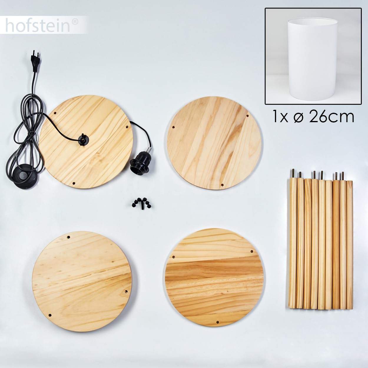 Lampa podłogowa Hamaa, lampa stojąca wykonana z drewna/tkaniny w kolorach naturalnych/białych, skandynawski design, klosz Ø 26 cm, półki i włącznik nożny, wysokość 150,5 cm, 1 x E27, bez żarówki