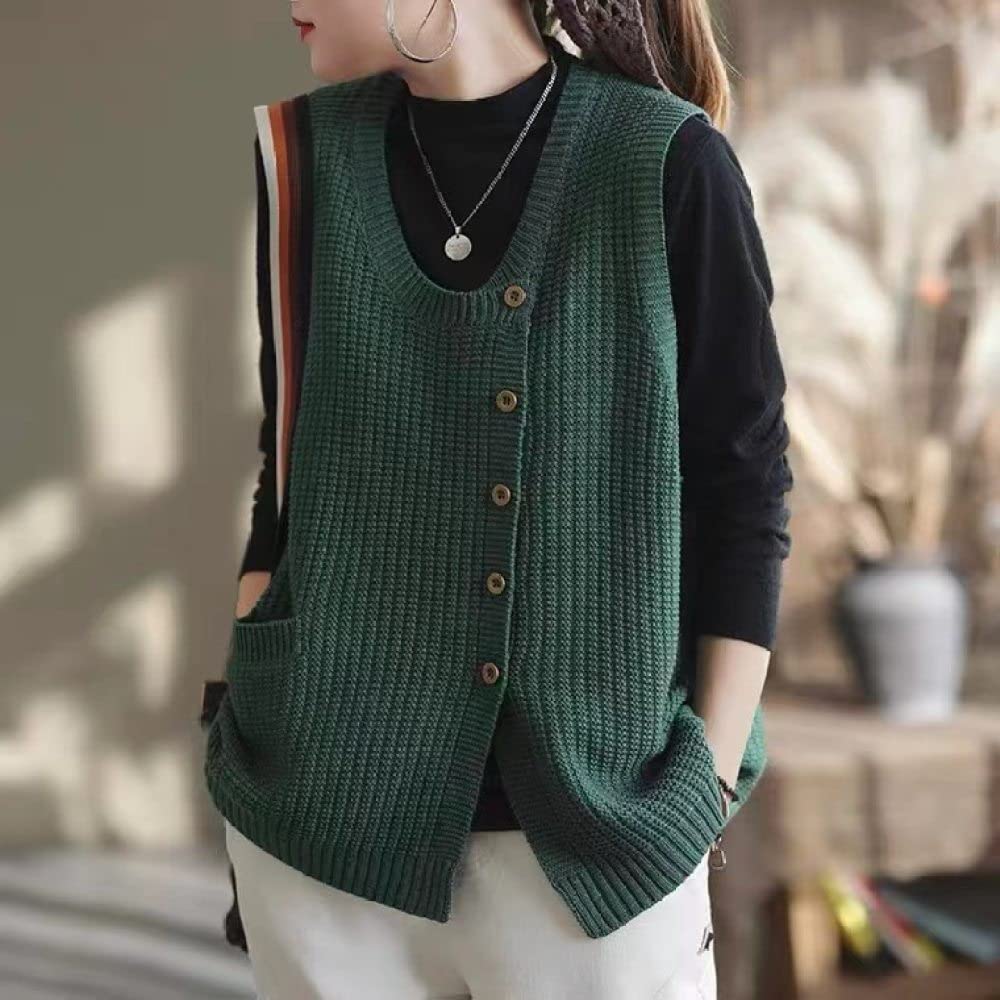 Strickweste Damen Ärmellos,Damen Gilets Strickweste Vintage Grün Rundhals Cardigan Mit Seitlichen Knöpfen Und Taschen Ärmelloser Pullover Pullover Gilets Preppy Style Streetwear Strickpullover T