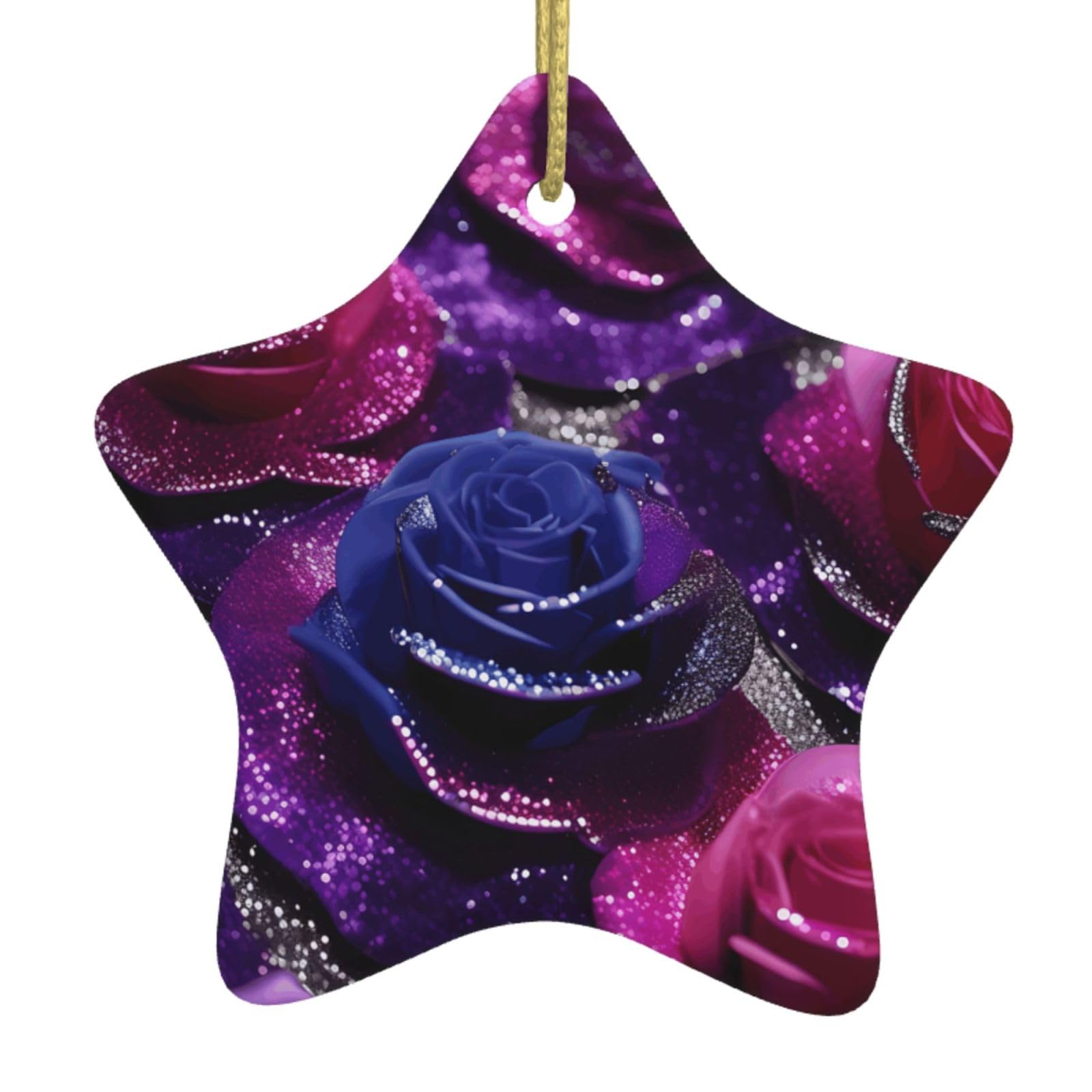Nbtghga White Glitter Sequin Roses Print Christmas Ornaments, Ceramic Hanging Ornament, Round Shape Decorations