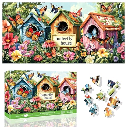 Image of Ginfonr 1000 Piece Jigsaw Puzzles for Adults - BUTTERFLY HAVEN, Irregular Shaped Pieces for Challenging Fun, No Dust Classic Landscape Artistic Puzzle, Gifts for Family Game Night 31.5 x 16 inch