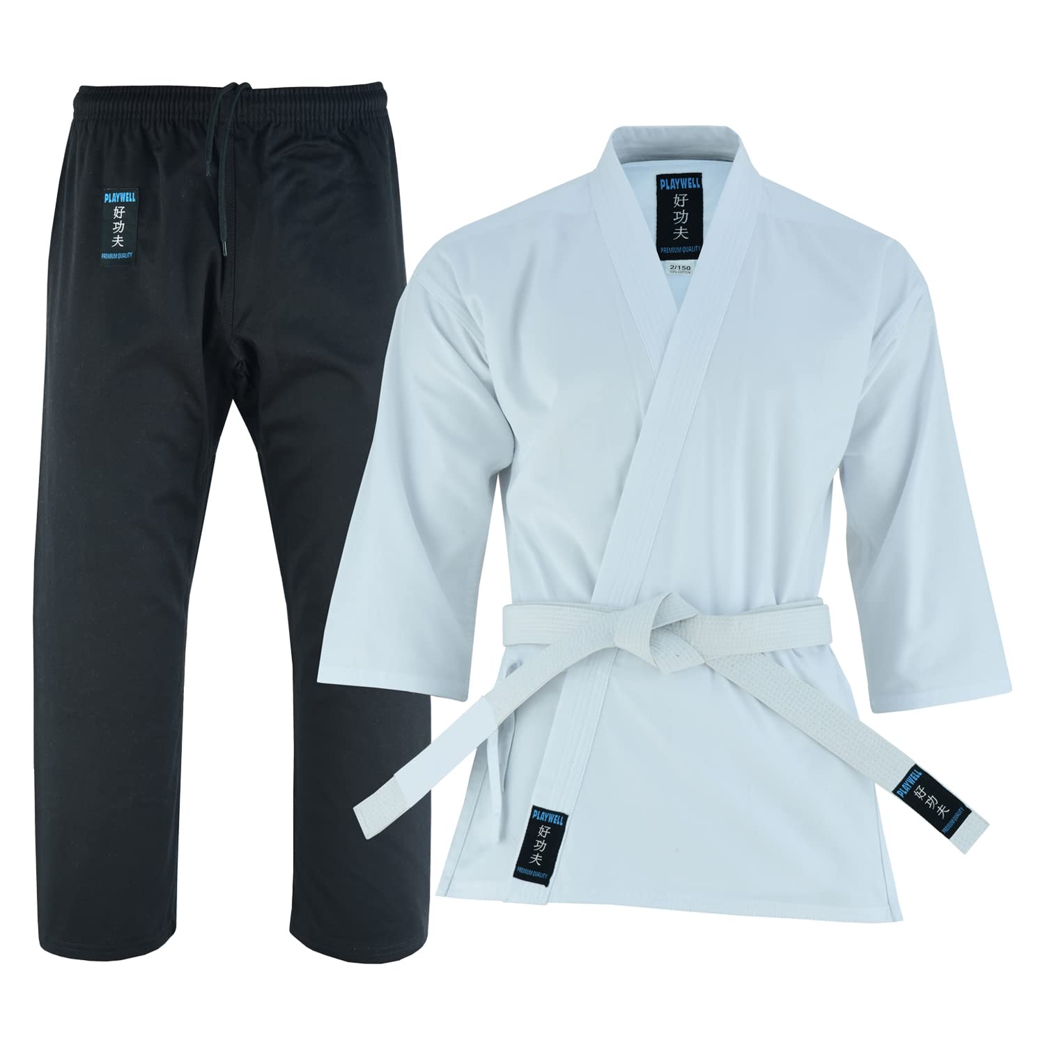 Playwell Unisex White Medium Weight Karate Mixed Jacket/Black Trouser Uniform - 9Oz (00/120Cm)