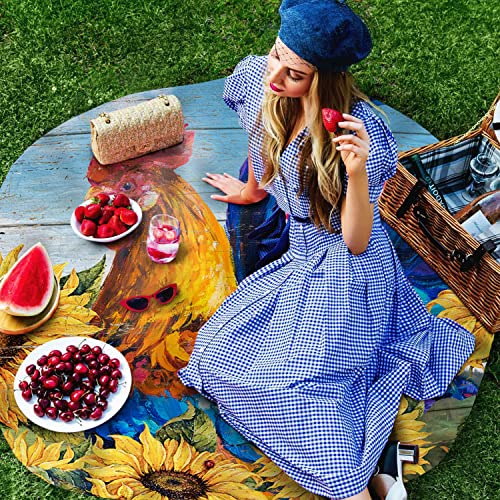 Warm Tour Farm Chicken Sunflower Summer Kitchen Table Cloth Waterproof Round Tablecloths,Watercolor Floral Blue Retro Wooden Spillproof Tablecover For Dining Room/Outdoor Parties/Bbq/Banquet #TOP2