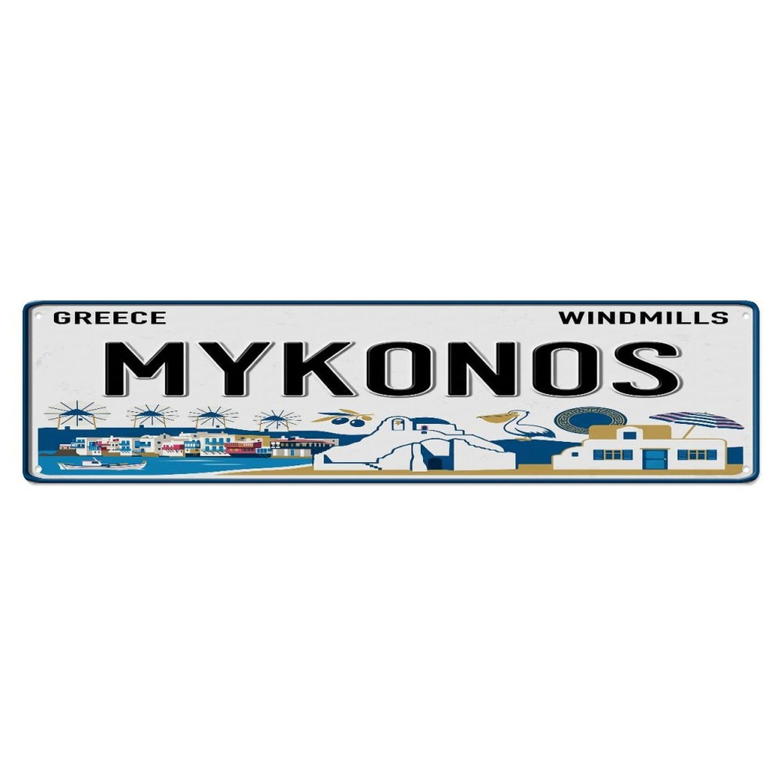 Metal Tin Sign Vintage Travel Mykonos Greece Windmills Beach