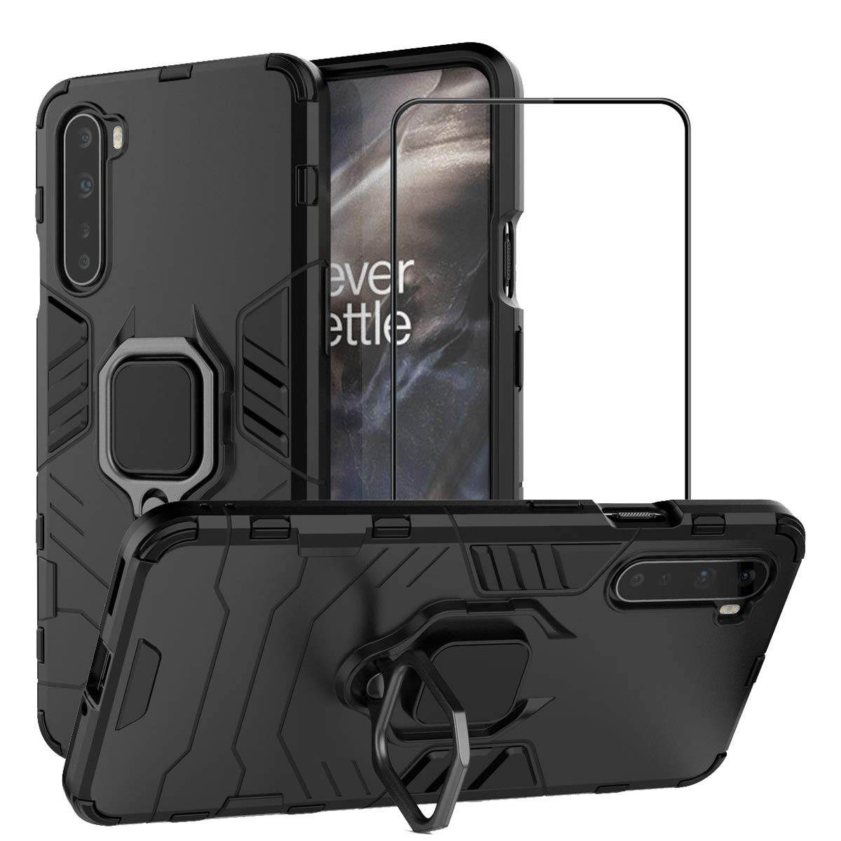 Case for OnePlus Nord with Tempered Glass Screen Protector,Hybrid Heavy Duty Protection Shockproof Defender Kickstand Armor Case Cover,Black