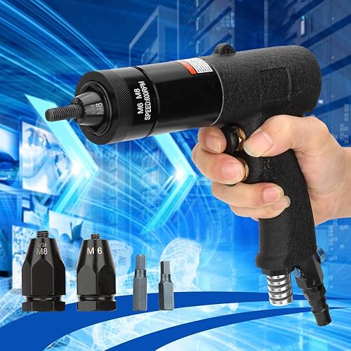 Miniatura 7 de Pistola de remachado neumática, tuerca de tracción automática remachadora de aire herramienta para remachado de placa metálica, tubería y industria