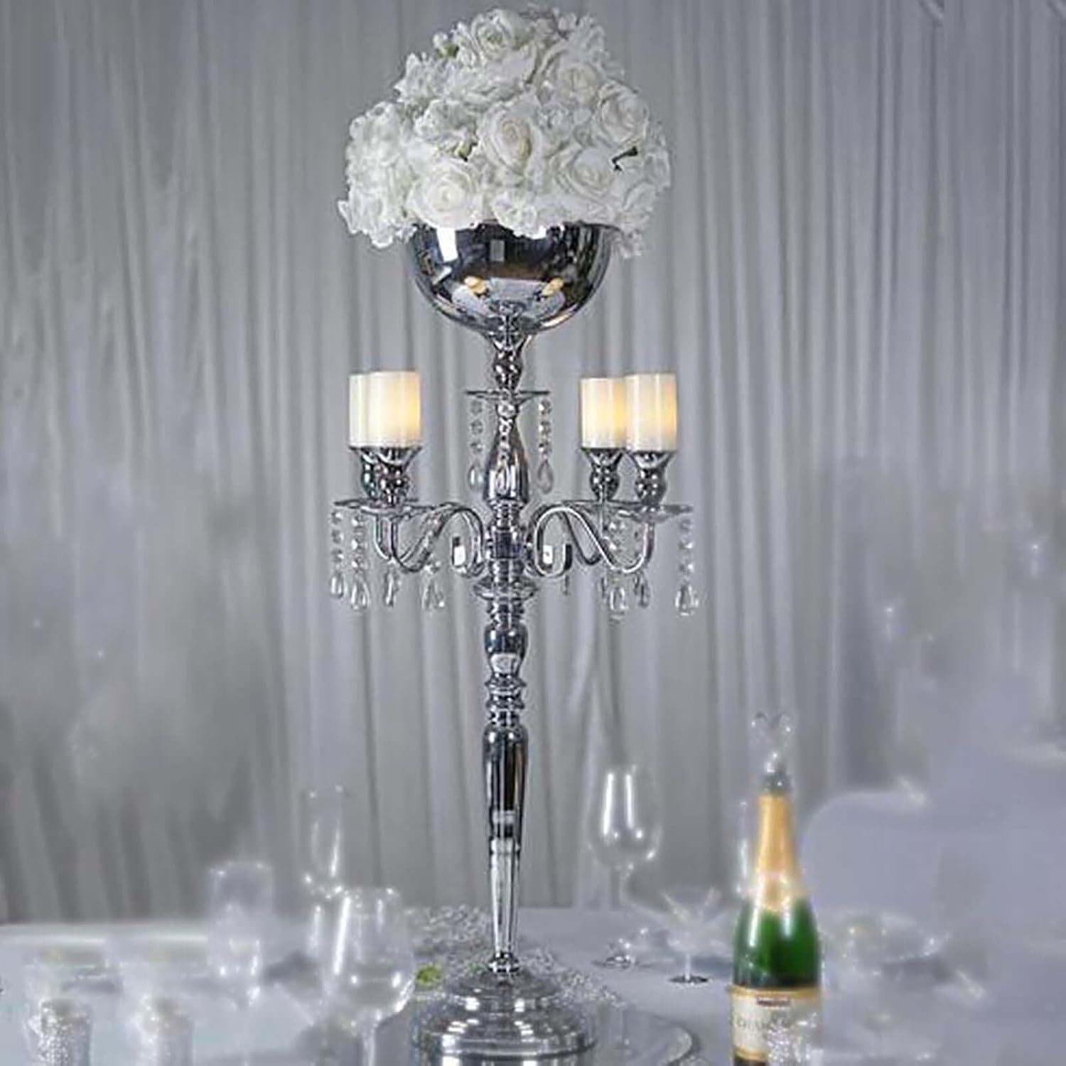 Efavormart 33" Silver Metal 4 Arm Candelabra Votive Candle Holder, Flower Vase Bowl