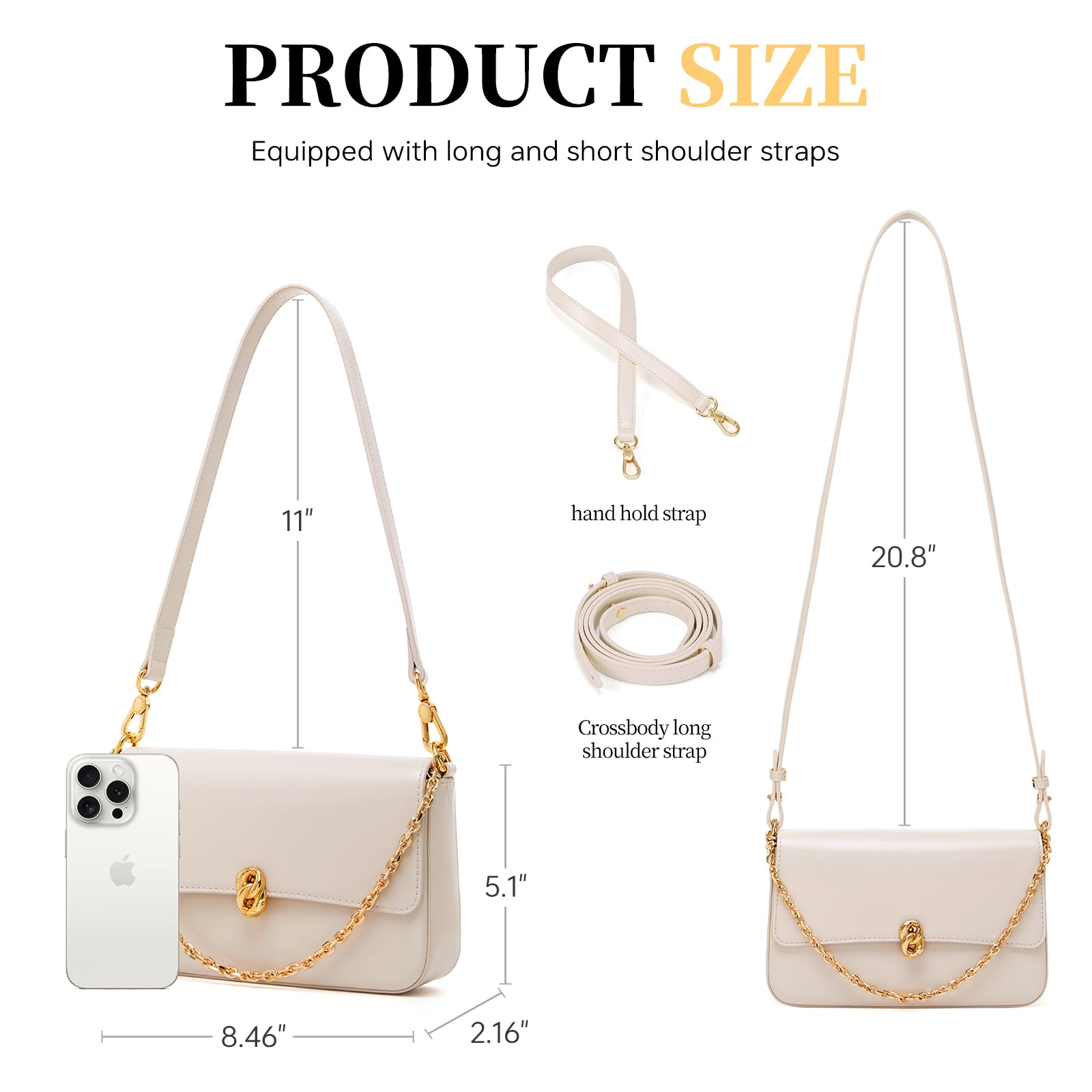 LA FESTIN Small Leather Shoulder Bag for Women: White Designer Crossbody Handbag Satchel Purse with Strap