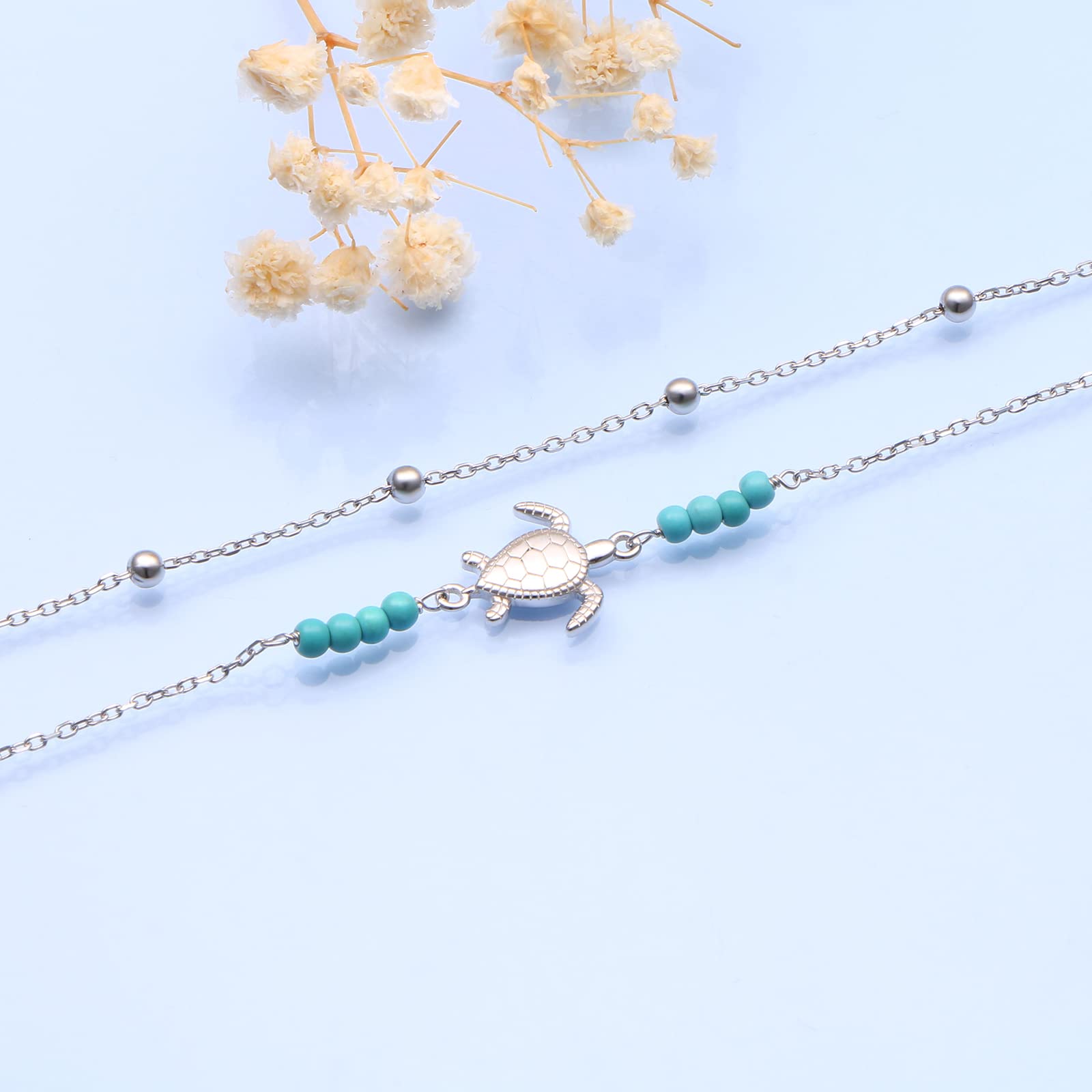 Flyow S925 Sterling Silber Layered Fußkettchen für Frauen Meerjungfrau/Schildkröte/Mond Stern Einstellbare Fuß Fußkettchen Schmuck Geschenke für Frauen Mädchen