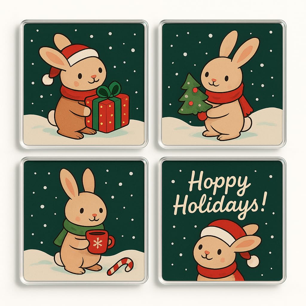 The Plum Penguin Whimsical Winter Bun Acrylic Coaster Set Of 4 With Design - Festive Christmas Home Decor For Rabbit Lovers