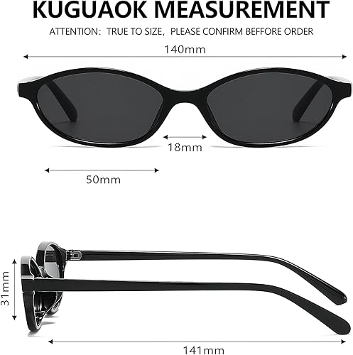 Miniatura 6 de KUGUAOK Lentes de sol ovalados retro para mujer, diseño de los años 90, pequeños lentes de sol de ojo de gato, protección UV, tonos estrechos de