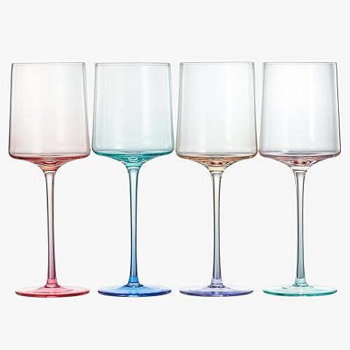 Miniatura 8 de Khen Copas de vino pastel de dos tonos sopladas a mano  Juego de 4 vasos cuadrados azules, morados y rosados, colores degradados vibrantes para