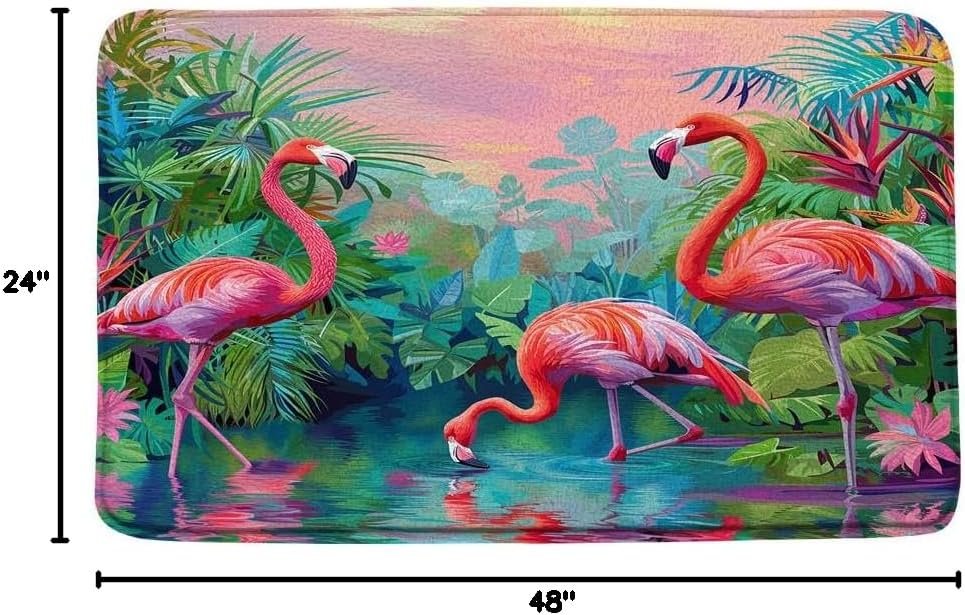 Pink Flamingo Bath Mat Green Palm Tree Tropical Floral Jungle Plant Animal Romantic Nature Modern Microfiber Memory Foam Bathroom Rug Doormat Kitchen Toilet Floor Rug