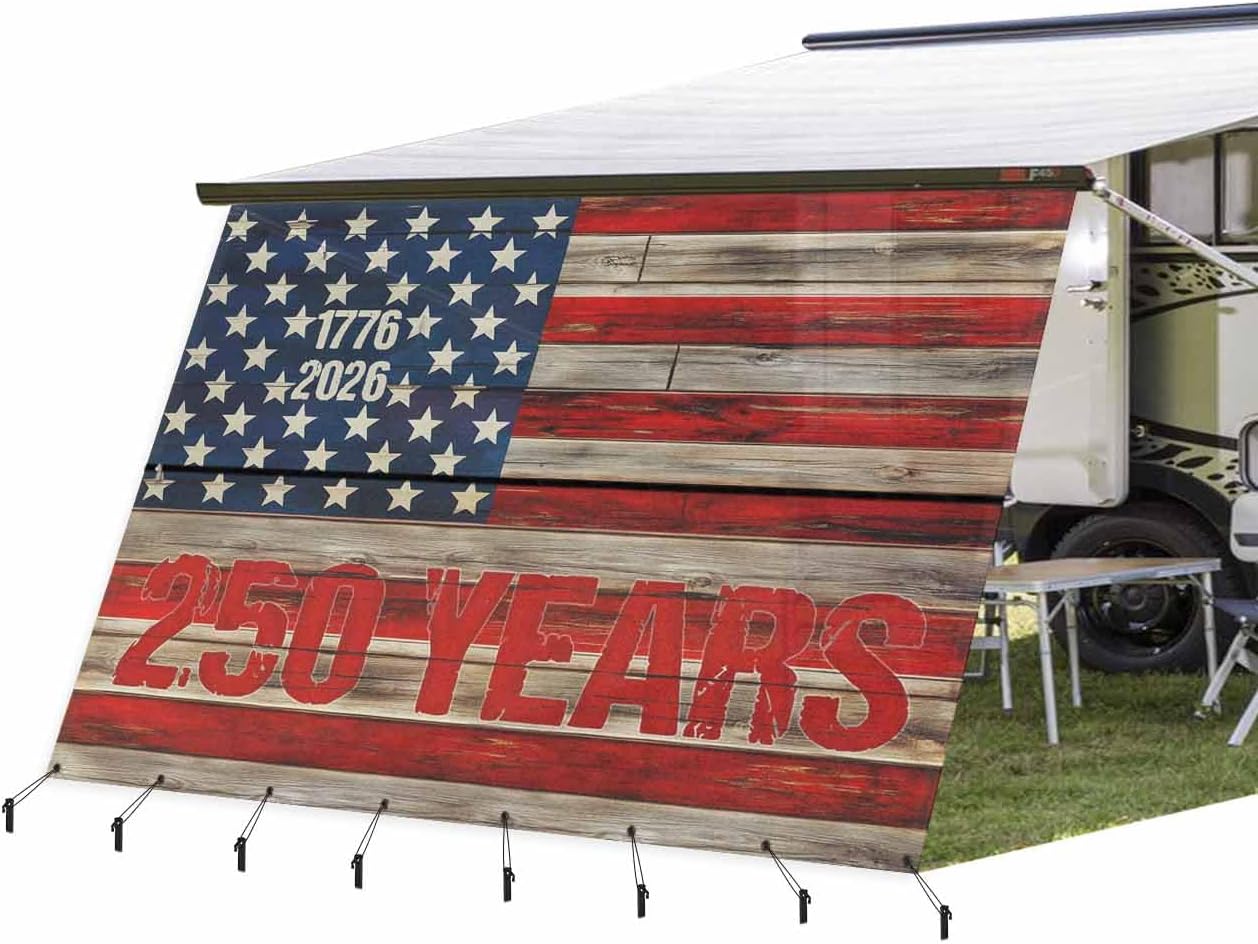 RV Awning Sun Shade Screen 9' x 15'3", 250 Anniversary USA Flag Mesh RV Awning Shades Complete Kits, Retro Blue Star Red Striped Sunlight Blocker Outdoor Canopy for Camping Trailer Motorhome