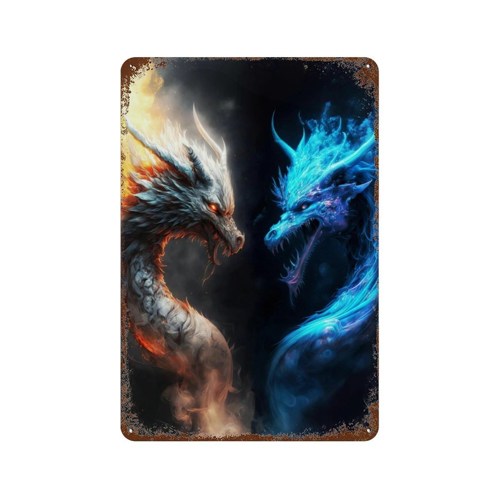 Vintage Rust Metal Sign Fire Vs Ice Dragons Battle 11.8"x7.9", Vintage Wall Decor for Office, Studio And Wall Decor