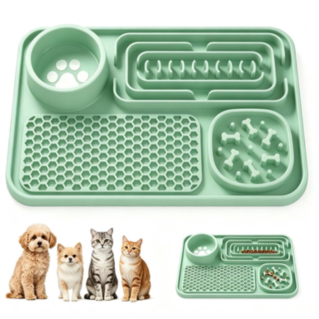 4-in-1 Silicone Slow Feeder Mat Dogs Cats Anti Slip Anxiety Feeding Tray