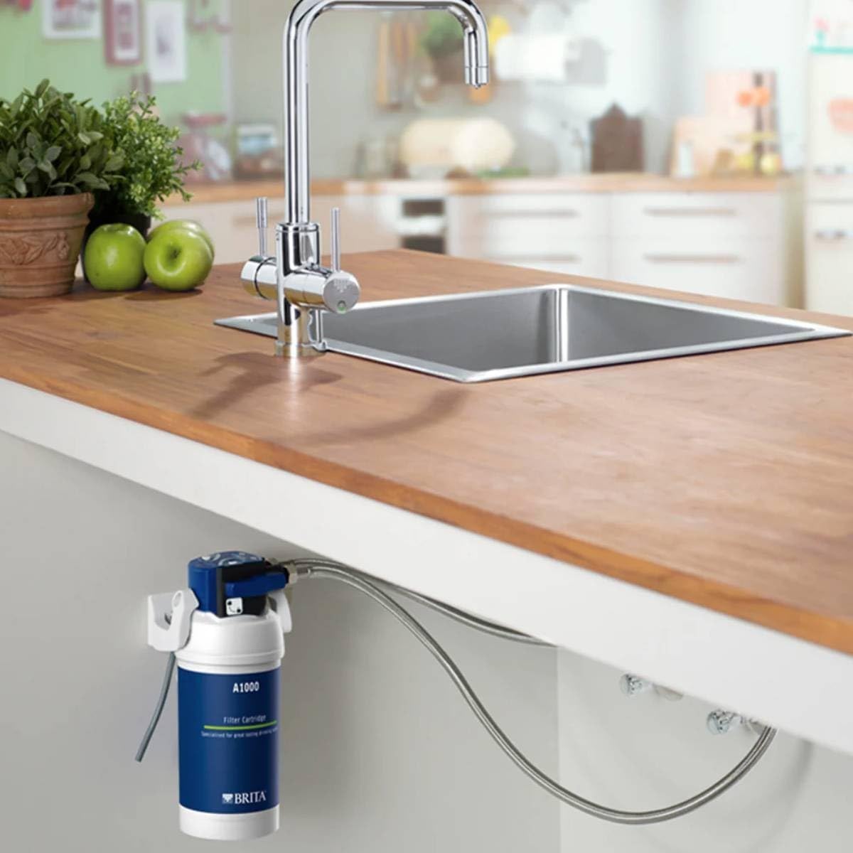 BRITA A1000 Filter Cartridge system under a wooden countertop