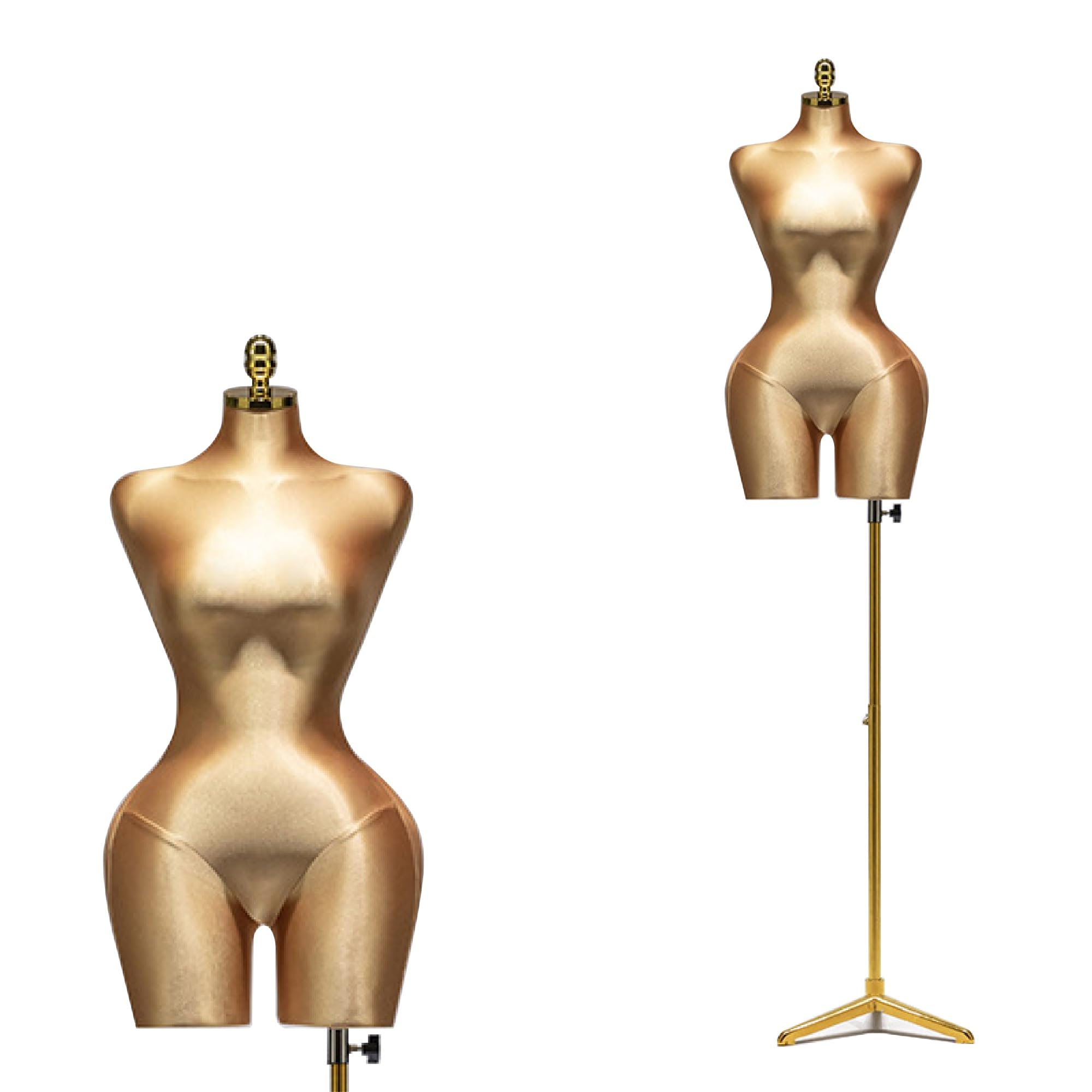 Jxjarnet Hourglass Female Mannequin Torso, Curvy BBL Dress Form with Prominent Hips for Swimwear and Lingerie Display(Dark Gold,Gold Tripod)