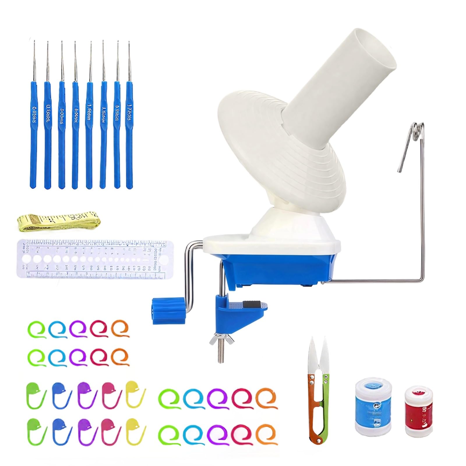 Enrollador de hilo compacto con kit de accesorios de ganchillo y cinta métrica