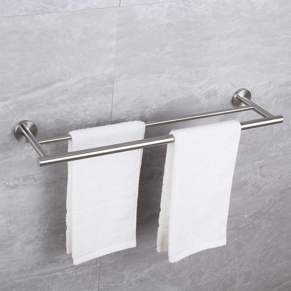 Juego de accesorios de baño de 5 piezas de accesorios de baño de acero inoxidable cepillado montado en la pared – Incluye barra de toalla doble de 18 pulgadas, barra de toalla de mano de 12 pulgadas,