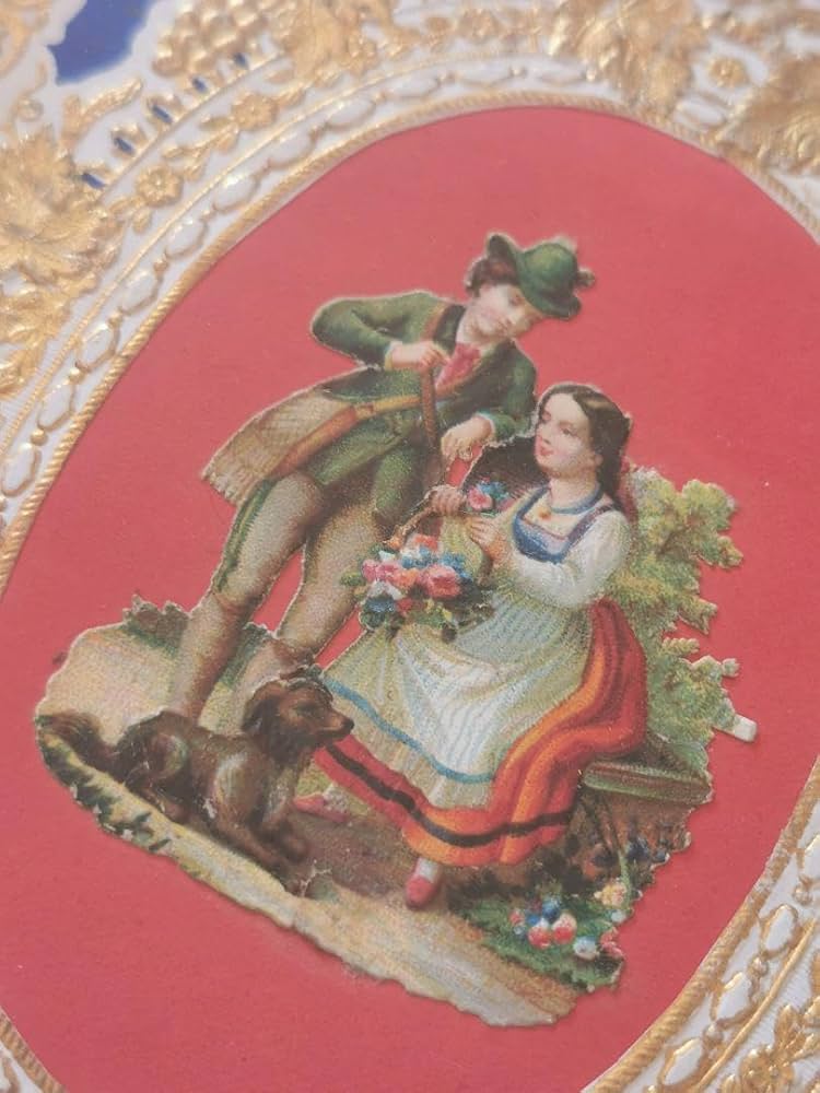 アンティーク 薔薇の花籠を持つカップルと犬 エンボス金彩 麻布ガラス金彩フレーム アンティーク 薔薇の花籠を持つカップルと犬 エンボス金彩 麻布ガラス