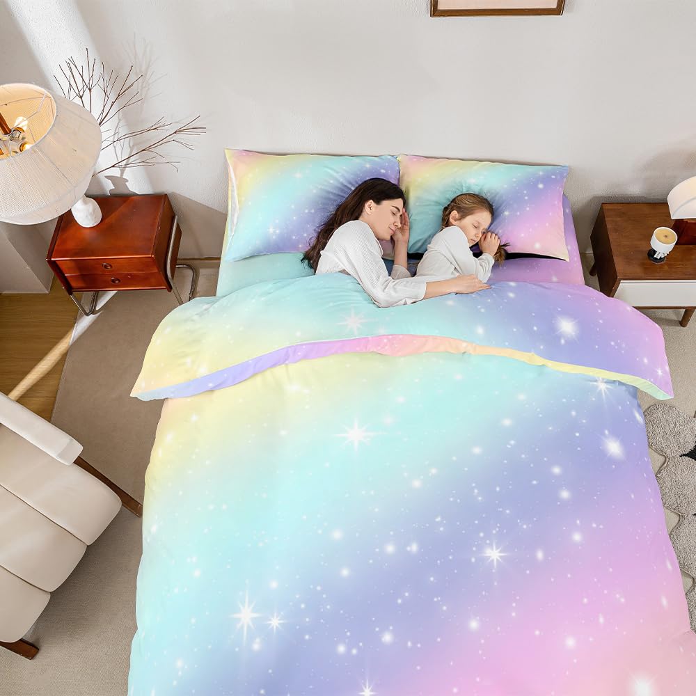 Loussiesd Kids Girls Rainbow Bedding Duvet Cover Single Cute Colorful Stripes Bed Set 2 Piece Glitter Ombre Quilt Covers and 1 Pillowcases Mildly Cosy Budget Princess Bedclothes - Image 2