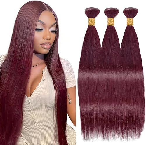 Burgundy 99J Straight Human Hair Bundles 14 16 18 Inch Hair 3 Bundles Color 99J 