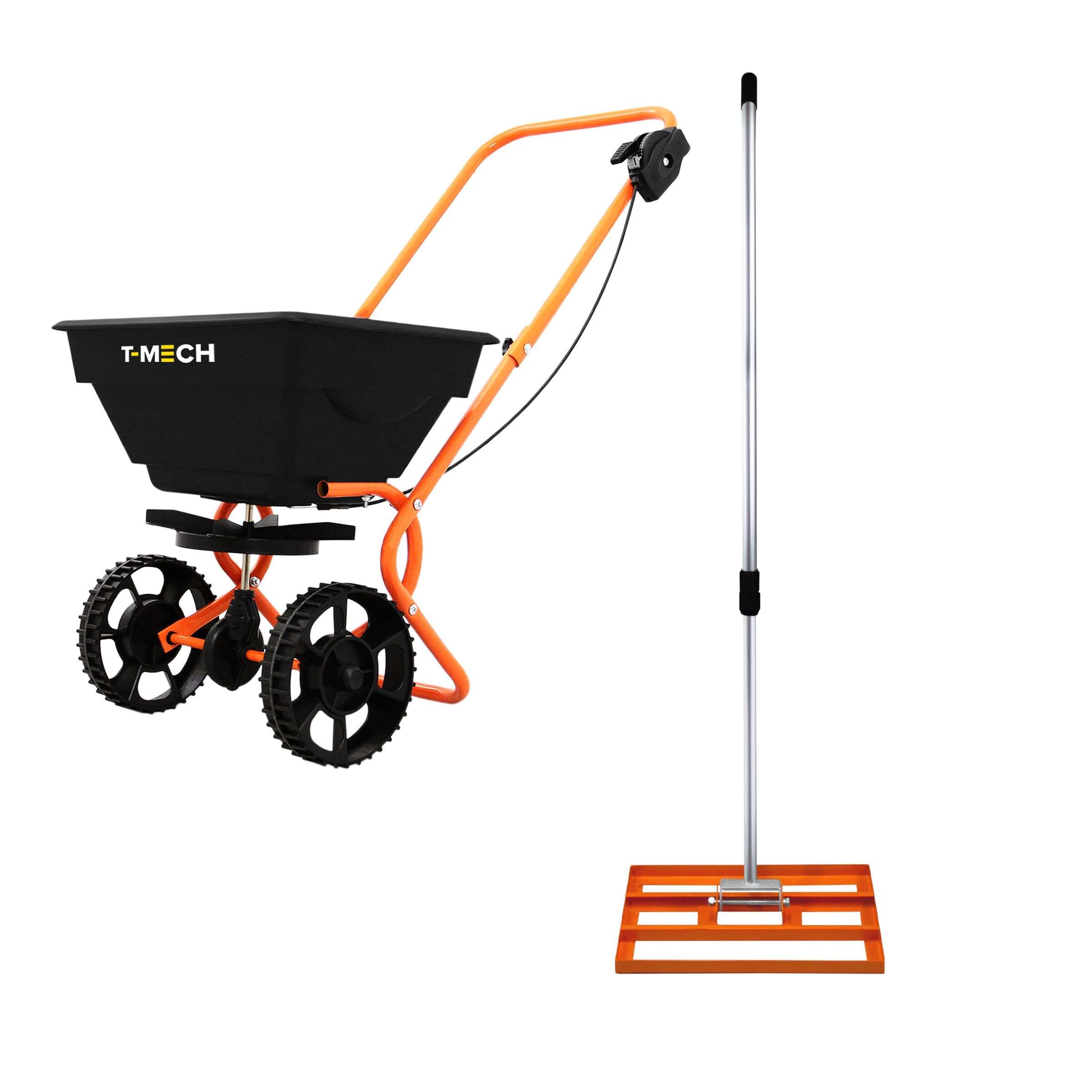 Lawn Leveller & Rotary Spreader Gritter Fertiliser Garden Levelling Rake Lute 50cm x 32cm Orange Removable Extendable Handle 1.15-1.9m Easy Grip 25kg Capacity Salt Grit Sand Seed Rain Cover & Gloves