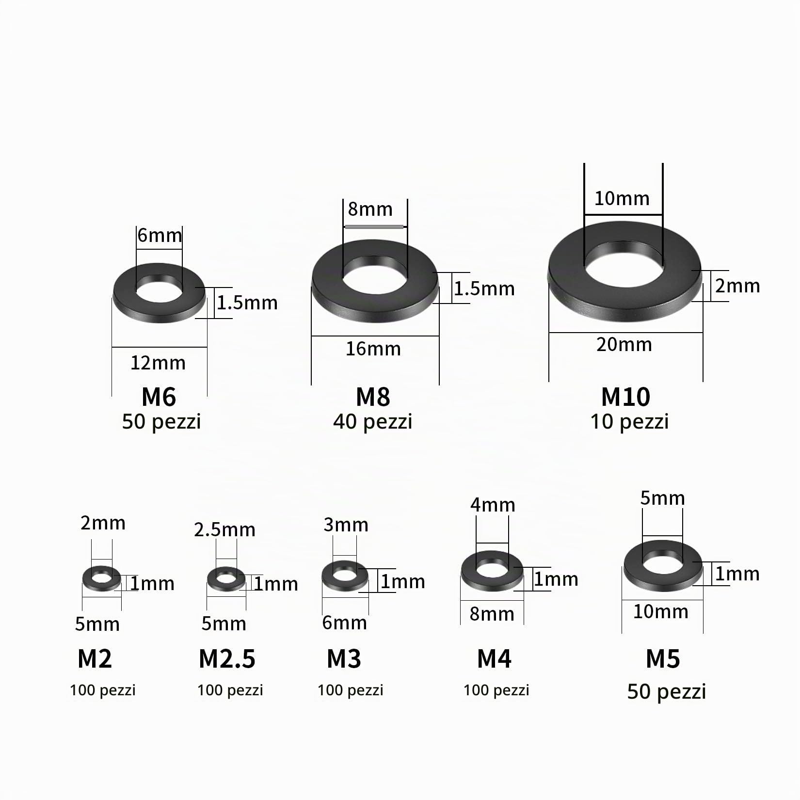 500 Pezzi Rondella in Nylon, Kit Assortimento Distanziatore Rondella Piatta, Guarnizioni Nero - M2/M2.5/M3/M4/M5/M6/M8/M10