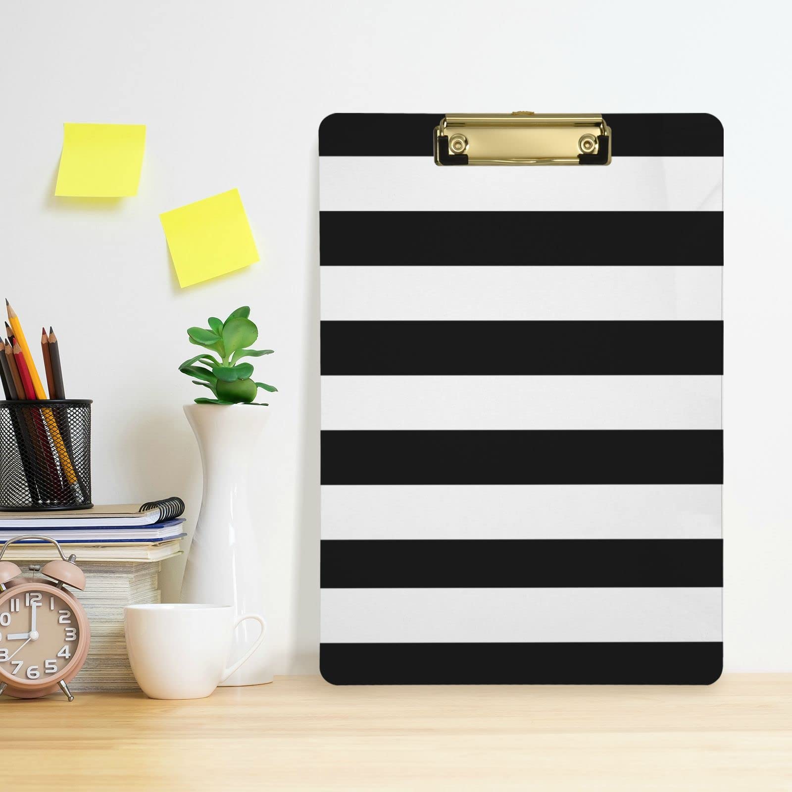 Czarno-białe paski schowek biuro szkoła pielęgniarstwo akrylowa tablica z klipsem do standardowego A4 rozmiar litery 23 cm x 31,8 cm ze złotym niskoprofilowym metalowym klipsem