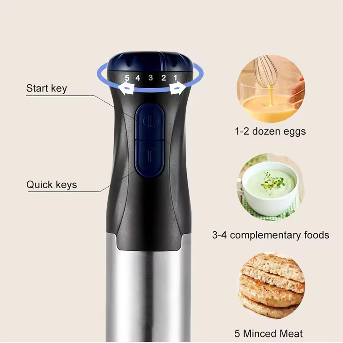 Espumador de leche, batidora de inmersión de mano, potente batidora de mano de 1000 W, ajuste de velocidad de 5 velocidades, batidor inteligente de acero inoxidable con batidores de huevos y