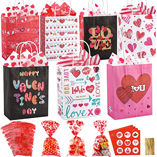Valentines Day Paper Gift Bags 28pcs Valentines Bags+28pcs Cellophane