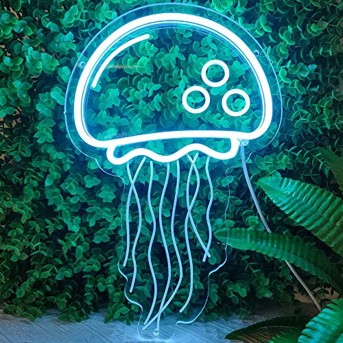 Image of welltodo Jellyfish Neon Signs,Cool Ice Blue Neon Sign for Wall Decor, LED Neon Light Sign for Girls Bedroom Ocean Display Room,Kids Birthday Gift, Wedding Party, Holiday Decoration Powered by USB