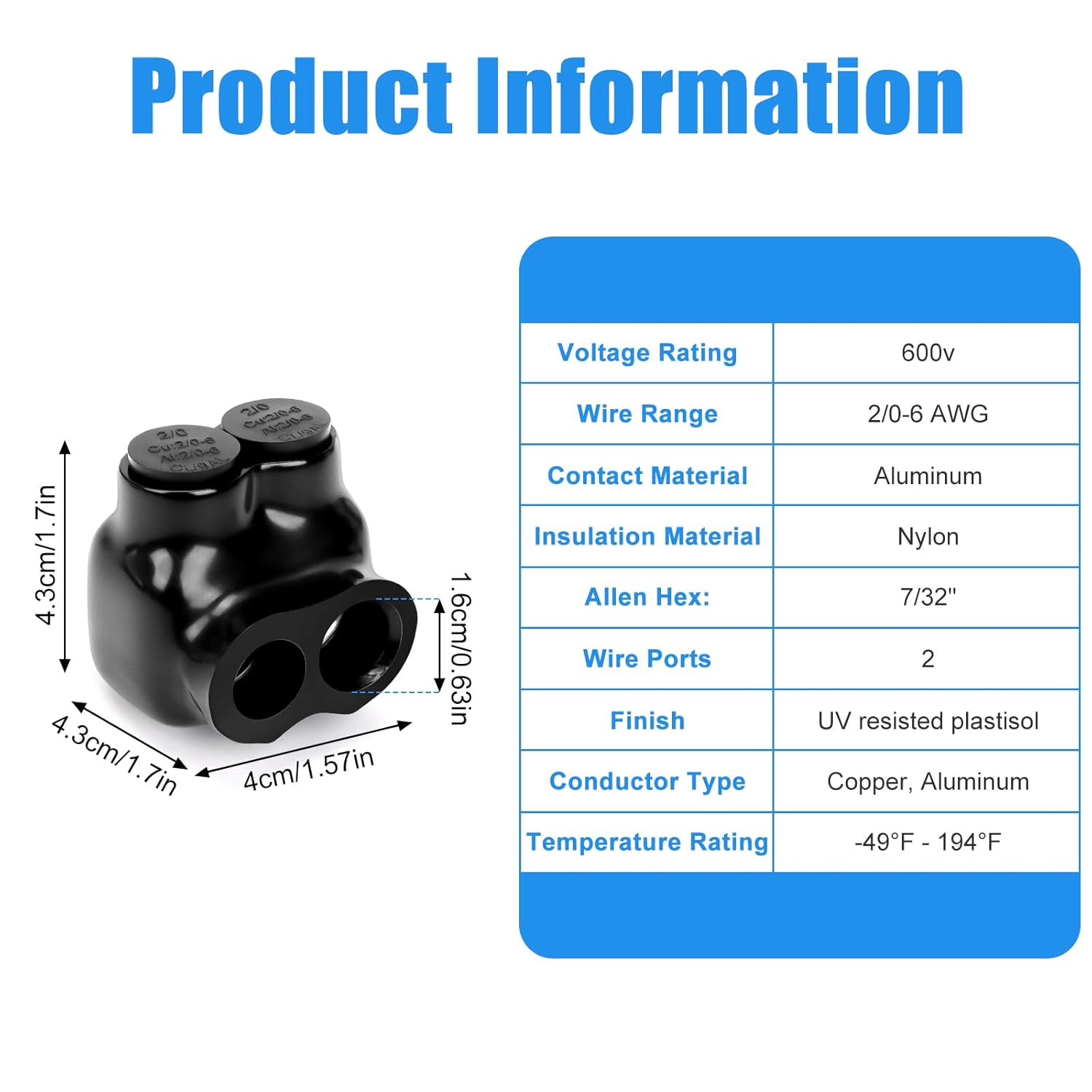 5 Pcs Insulated Wire Connectors Black Multi Cable Splice Connector 2 Port Single-Sided Entry Cable Splicers Electrical Power Wire Terminal Connectors (2/0-6 Wire Range)