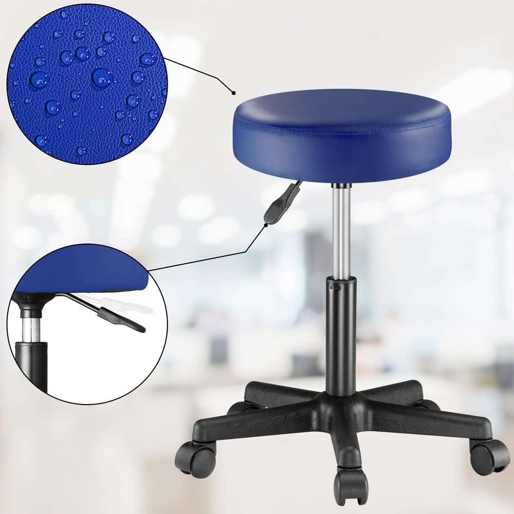CASARIA® 2X Taburete Oficina Giratorio 360° Redondo Ø 35cm con Ruedas Silla Escritorio Trabajo Altura Regulable 46-60cm Acolchado 10cm Resistente Azul