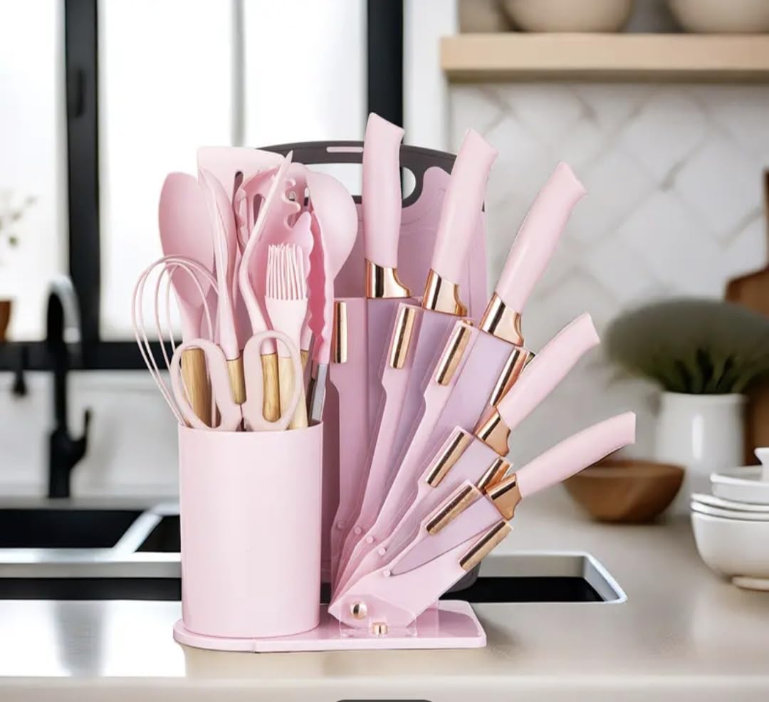 19 Pieces Kitchen Knife Set with Holder Block 11 Silicone Cooking Utensils 5 Stainless Steel Knives Scissors Whisk