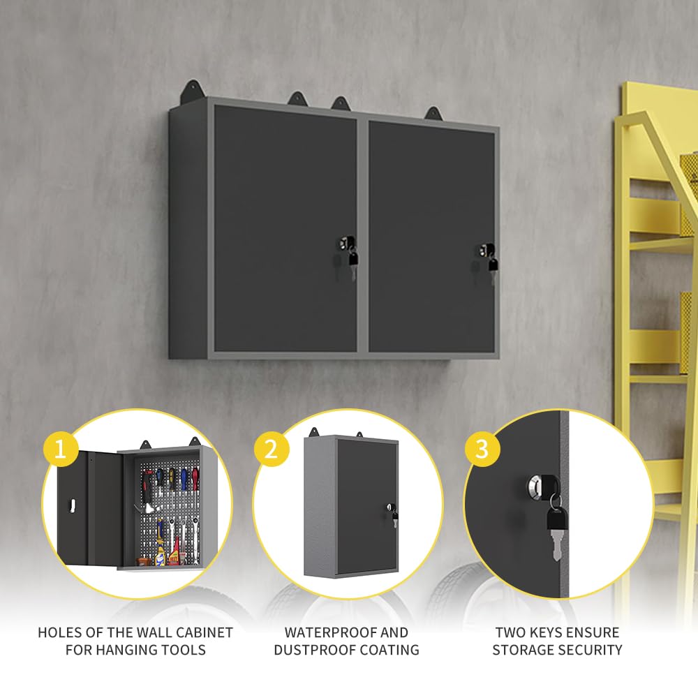 JZD Wandschrank aus Metall, 61 cm Länge, Aufbewahrungsschrank mit 1 Verriegelungstür, für Garage, Zuhause, Büro, Fabrik, Schwarz und Grau