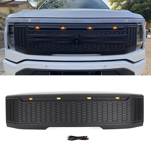 Front Grille Compatible With Ford F-150 Lightning 2022-2024 Front Bumper Grille Hood Grill Matte Black Insert Plastic Honeycomb Grille With Amber Lights