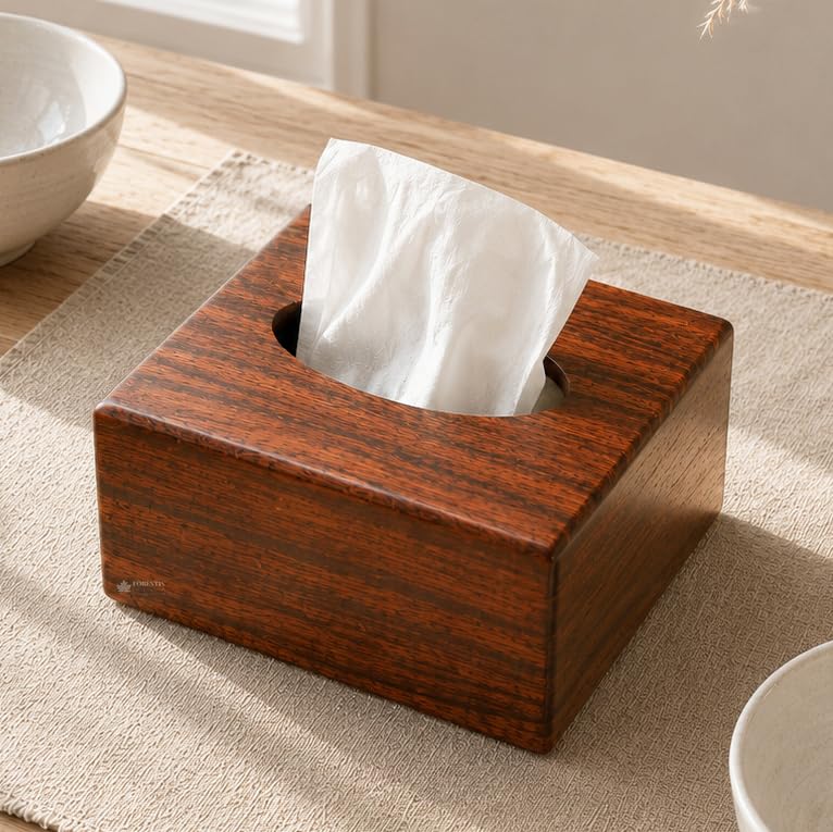 Image of Wooden Tissue Box| Rosewood Napkin Box| Tissue Holder Organizer for Table, Home, Office, Car| Square Facial Paper Cloth Storage Case| Dispenser (6X6 Inches, Ambrin)