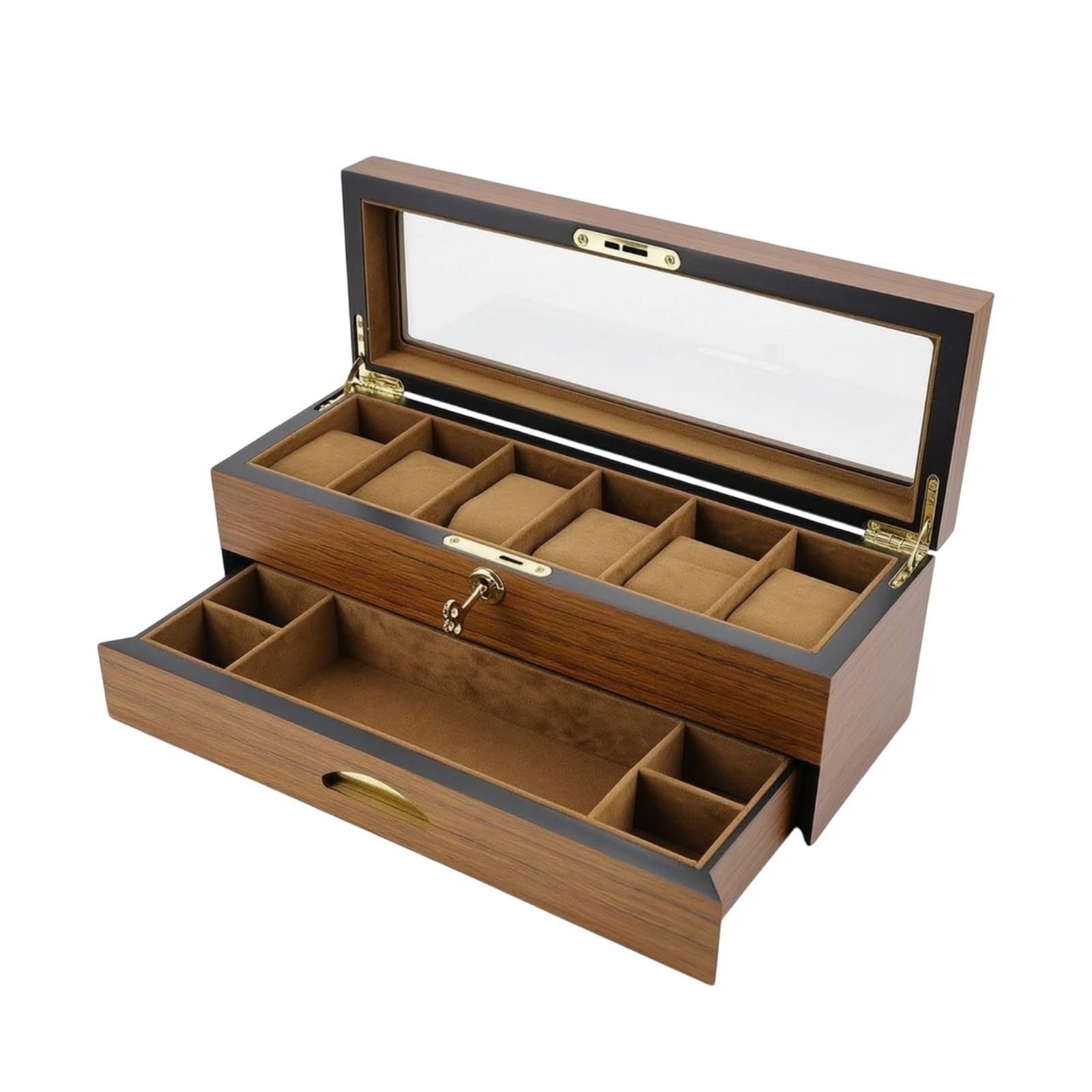 Organizador Relojes con Tapa Cristal Joyero con Cierre Suave Organizadora Joyas Tapa Cristal para Coleccionistas, Tocador, Caja De 6 Relojes De Doble Capa Con Cajón, Acabado En Teca