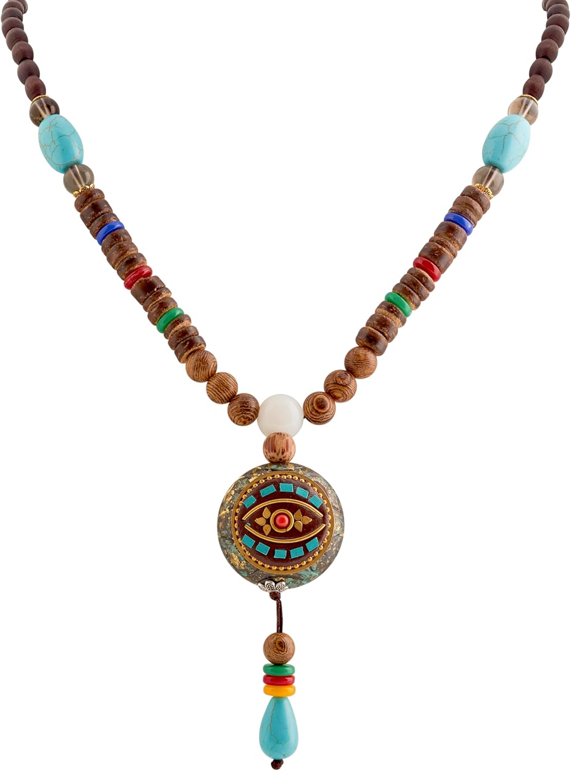 MINACHI Boho Wooden Beads Long Necklace with Evil Eye Pendant, Unique Jewelry Gift for Women