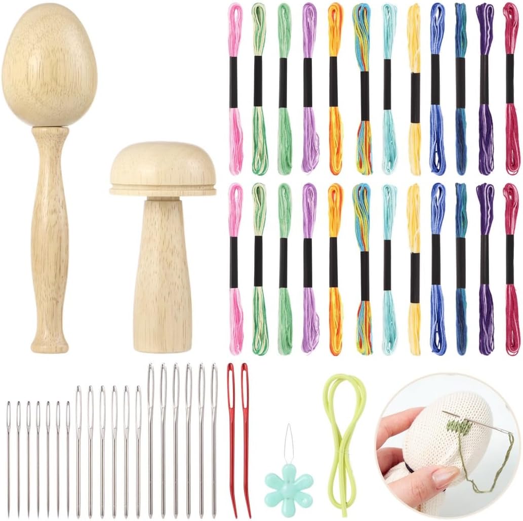 Darning Egg And Mushroom For Embroidery, Sewing Set For Clothes Carpets Socks, Large-Eye Needles, Rainbow Sewing Threads, Diy Handicraft Darning Supplies Kit