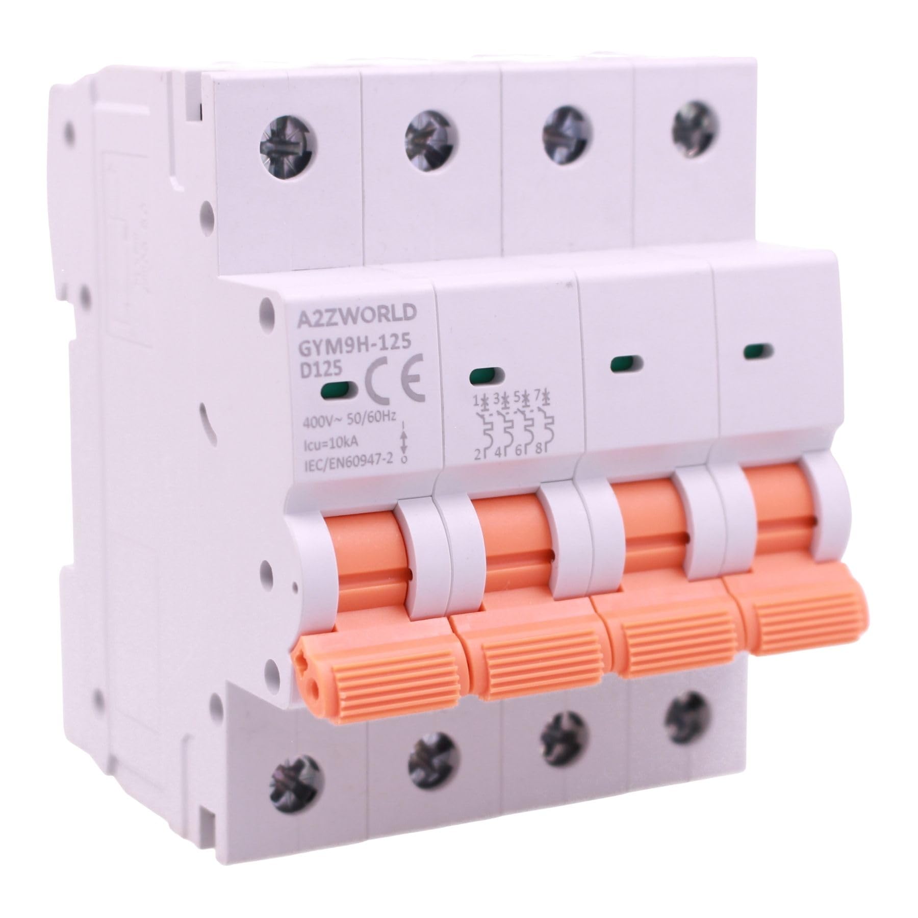 4 interruptores magnetotérmicos trifásicos 4P 125 A D125, curva D 10 kA, 4 módulos DIN 380 V AC, certificado IEC60898-1, serie GYM9H-125 profesional