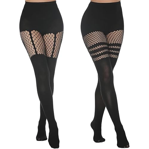 MANJIAMEI Suspender Striped Tights for Women, 2 Pairs Elastic Black High Waist Opaque Tights Thigh High Fishnet Tights, Fashionable Nylon Stockings Night Club Pantyhose for Party Cosplay Daily Wear