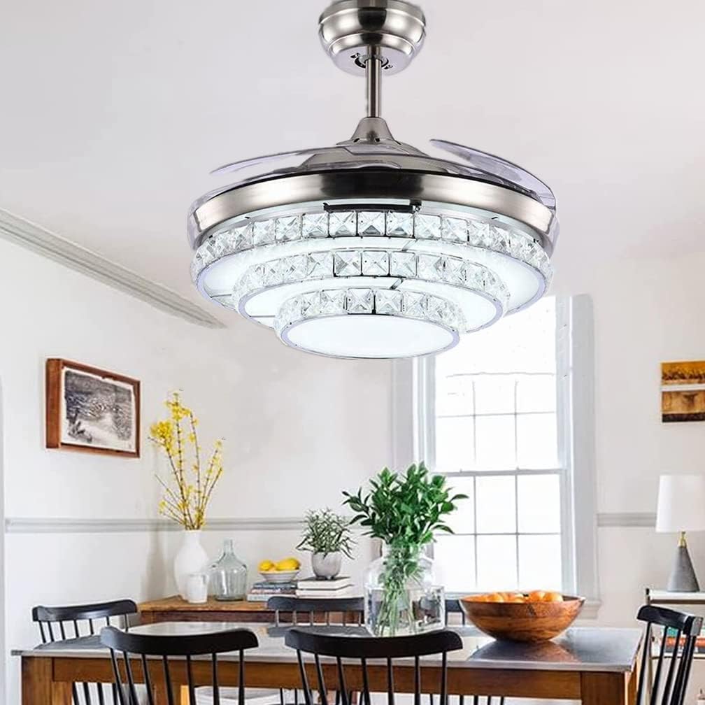 42" Crystal Ceiling Fan with Light Modern LED Chandelier Remote Retractable 3 Speeds 3 Colors Ceiling Fan For Living Room Bedroom Family European Restaurant, Silent Motor with Bulbs Included