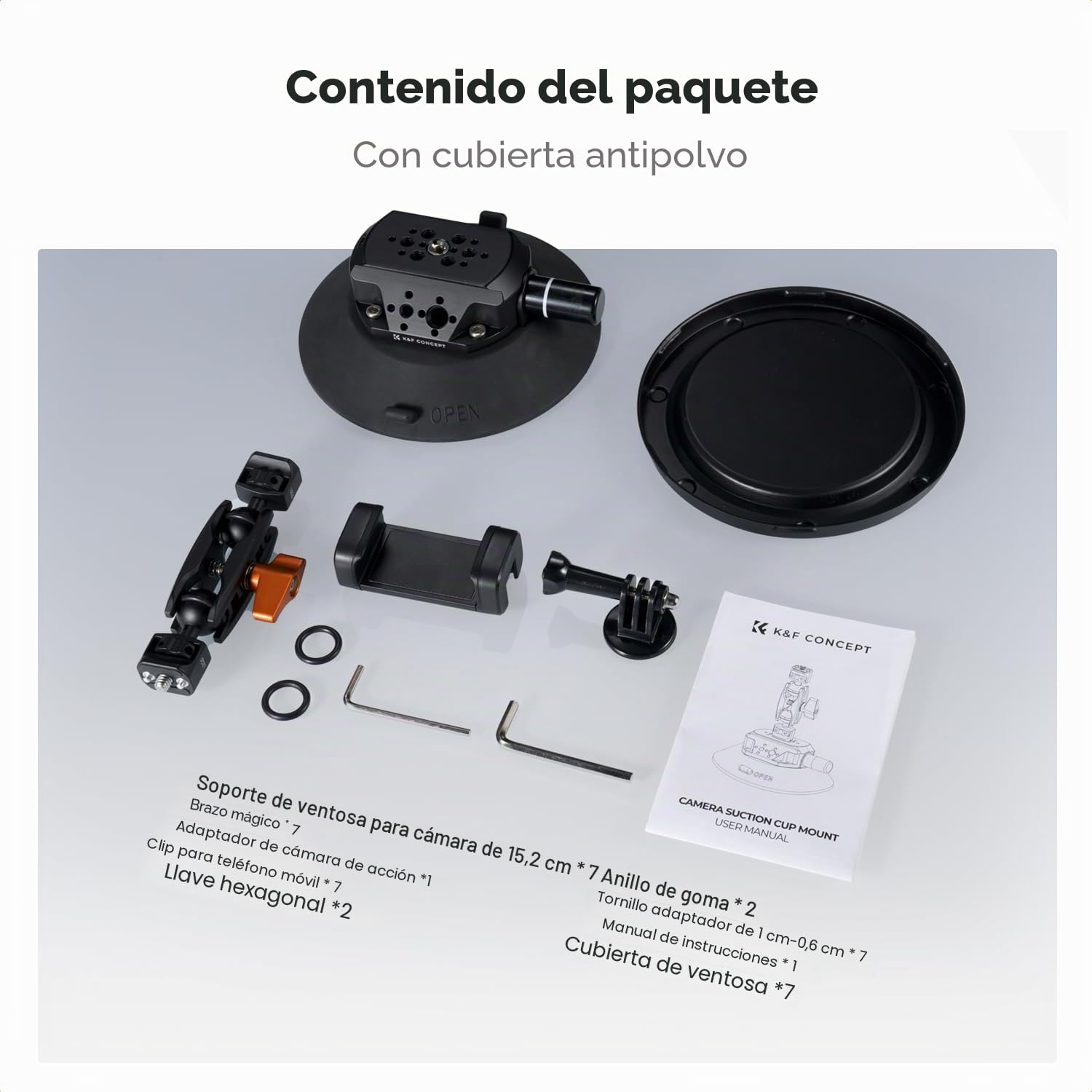 K&F CONCEPT 6" Suction Cup Camera Mount con Brazo Mágico Cabeza Bola, Soporte de Cámara con Ventosa de Coche con 1/4" 3/8" ARRI Agujeros Comaptible con GoPro Hero 13,Insta-360 X5,Action 5 Pro,iPhone