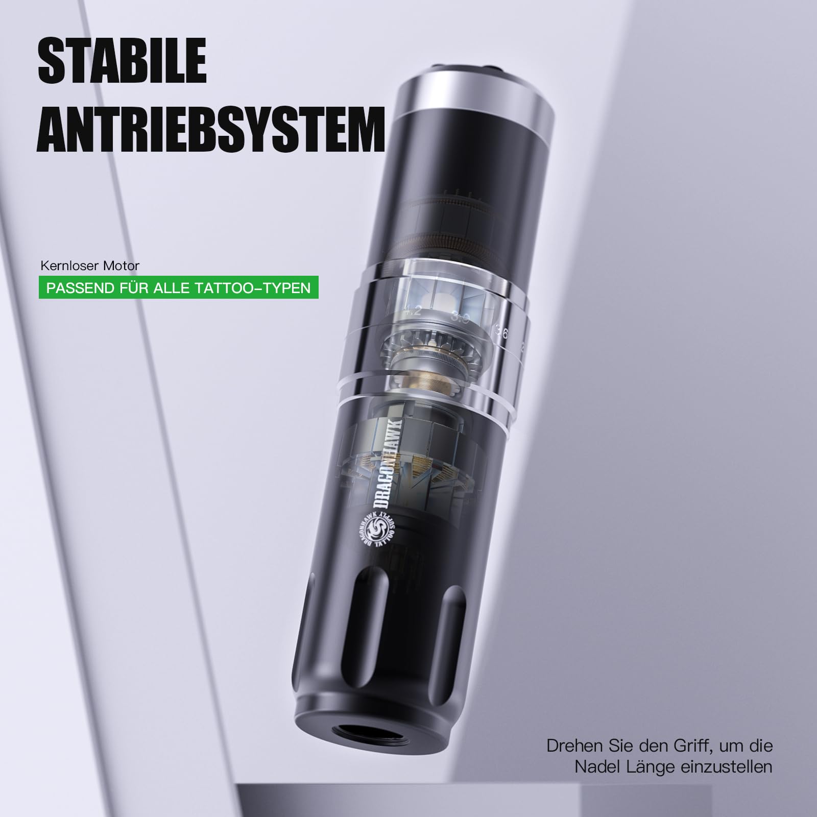 Dragonhawk Kabellose Tattoo Maschine Rotations Tätowiermaschine mit 2 Akkus 1500mAh, 7 Hubböden, Längeneinstellung 2.4-4.2mm & Digitaler LED-Anzeige für Anfänger Schwarz
