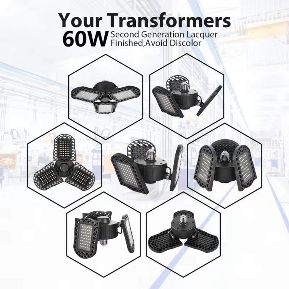 2 Pack LED Garage Lights, 60W Deformable LED Garage Ceiling Lights with 3 Adjustable Wings, 6000LM, E26 LED Shop Light for Warehouse, Workshop, Basement (No Motion Detection) (2 Pack, 60W)
