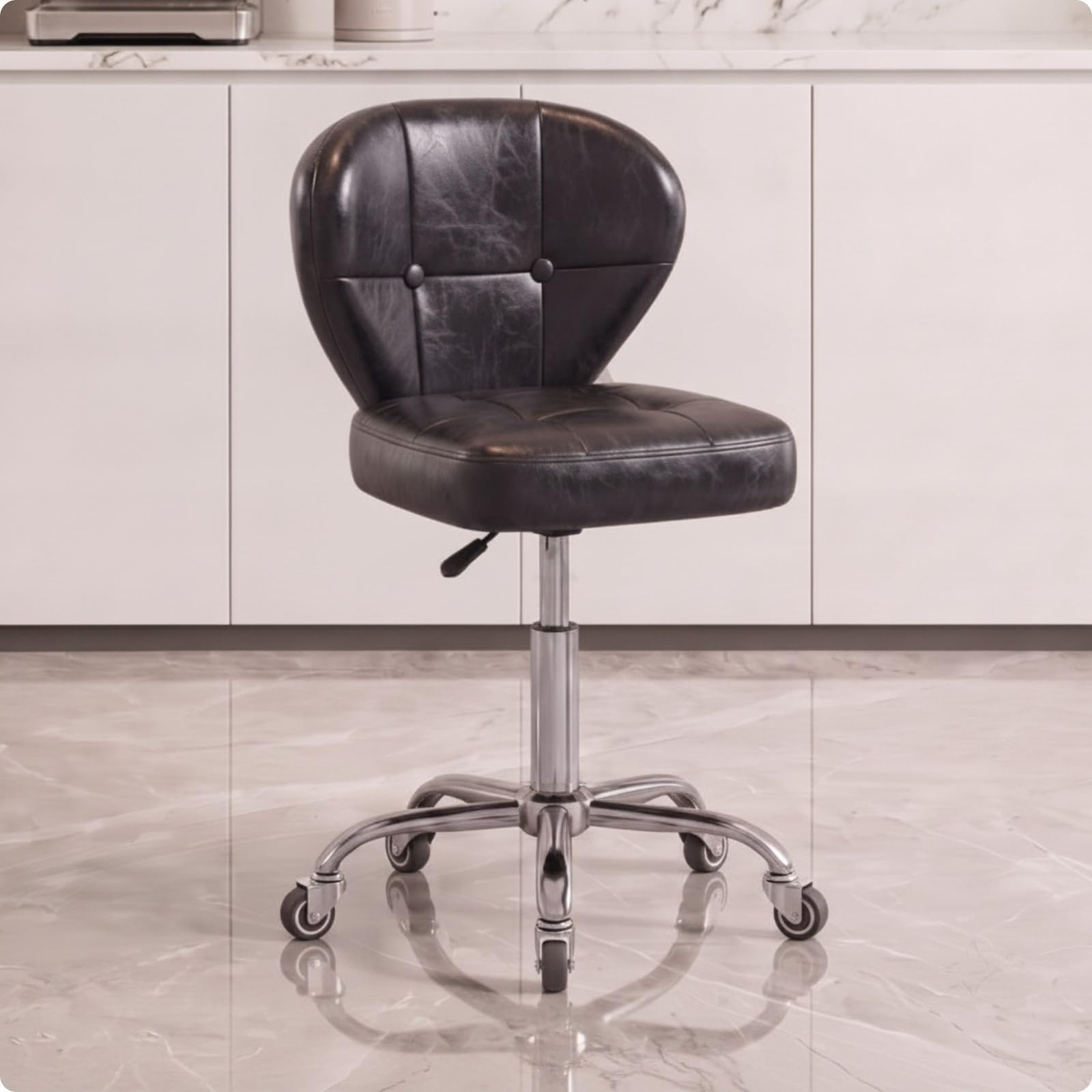 Poltrona Girevole per Salone con Rivestimento in Pelle Imbottitura Spessa Pistone Pneumatico Rotazione 360 Gradi Base a Cinque Raggi con Ruote per, Ruote Gommate Con Freno, Bianco, Senza Poggiapiedi