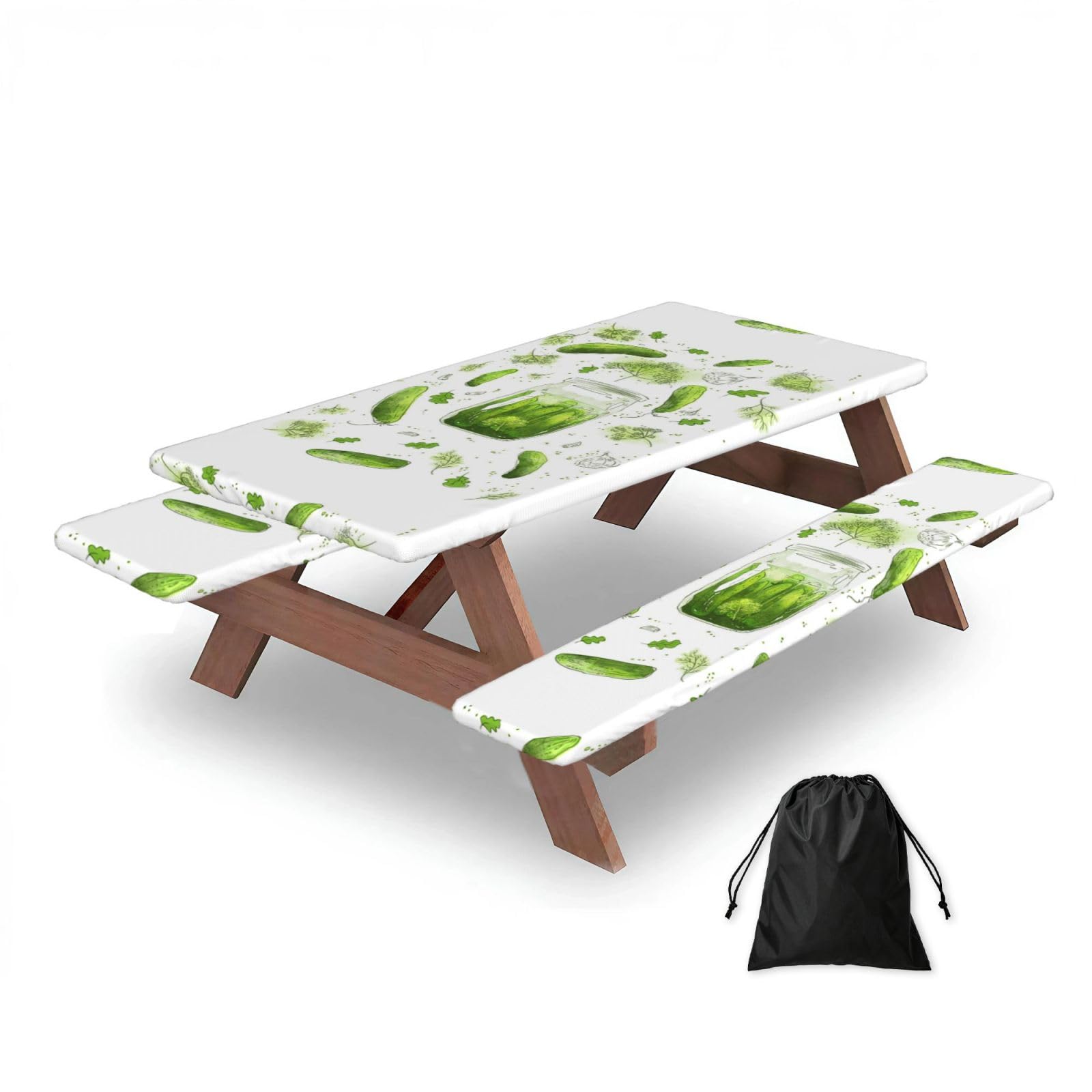 Dopklna As Picture Cucumber Pickle, Picnic Table Cover With Bench Covers -Waterproof Elastic Fitted Tablecloth For Garden Camping Patio 76X152cm